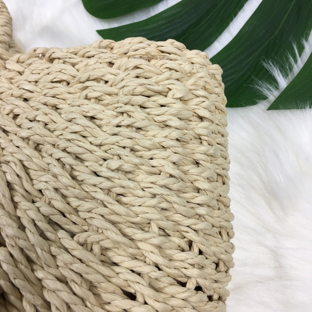 Straw Moon Shaped Pom Pom Beach Handbag Natural - Picture 5 of 6